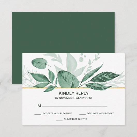 Waterverf Wild Leaves Hunter Green Wedding RSVP Kaartje (Voorkant / Achterkant)