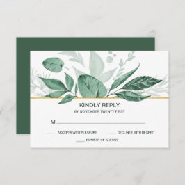 Waterverf Wild Leaves Hunter Green Wedding RSVP Kaartje