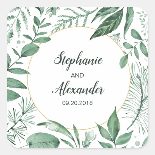 Waterverf Wild Leaves Hunter Green Wedding Vierkante Sticker (Voorkant)