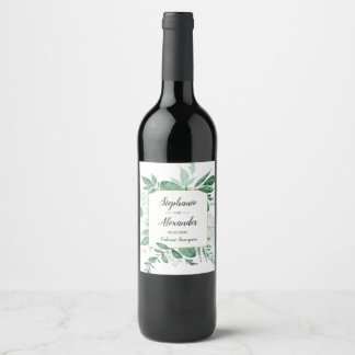 Waterverf Wild Leaves Hunter Green Wedding Wijn Etiket