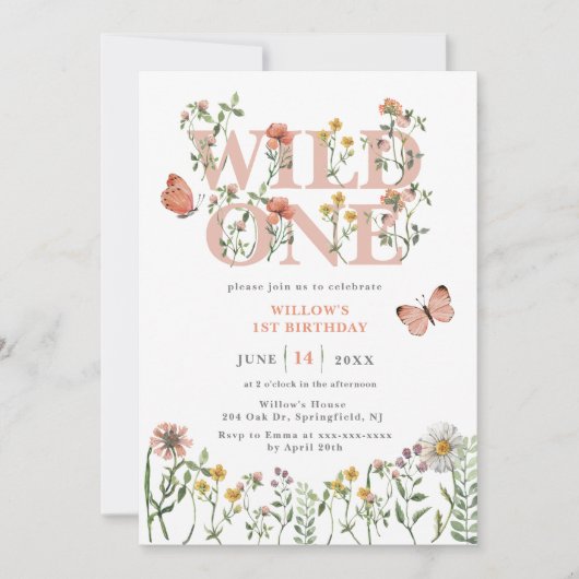 Waterverf Wild One Wildflower 1e Verjaardag Kaart (Voorkant)