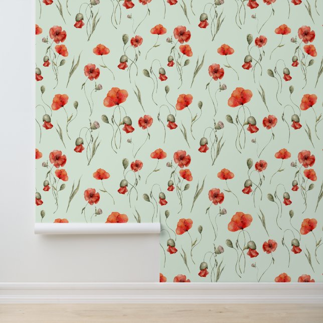 Waterverf Wild Poppies op Delicate Green Behang (Applicatie)