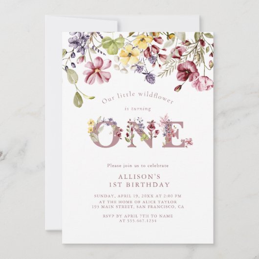 Waterverf Wildbloem 1e verjaardag Mauve Girl Kaart (Voorkant)