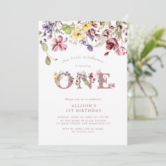 Waterverf Wildbloem 1e verjaardag Mauve Girl Kaart (Staand voorkant)