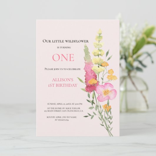 Waterverf Wildbloem 1e verjaardag Mauve Girl Kaart (Staand voorkant)