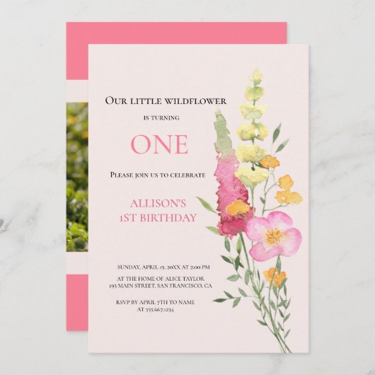 Waterverf Wildbloem 1e verjaardag Mauve Girl Kaart (Voorkant / Achterkant)
