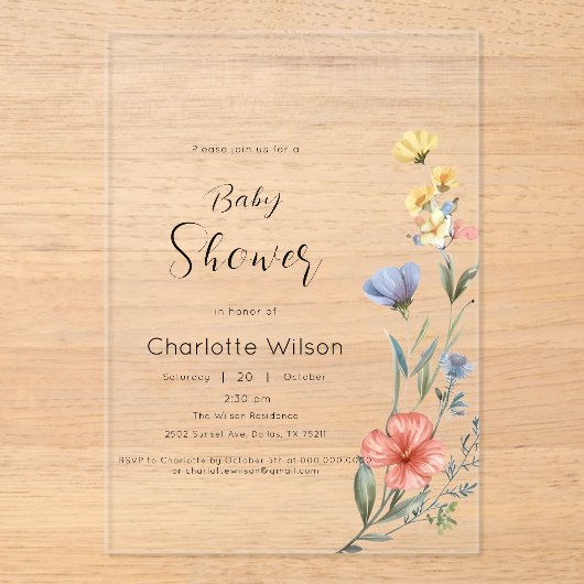 Waterverf Wildbloem Baby shower Acryl Uitnodigingen (Voorkant)