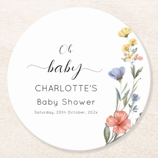 Waterverf Wildbloem Baby shower Ronde Kartonnen Onderzetter (Voorkant)