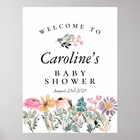 Waterverf Wildbloem Baby shower Welkomstteken Poster (Voorkant)
