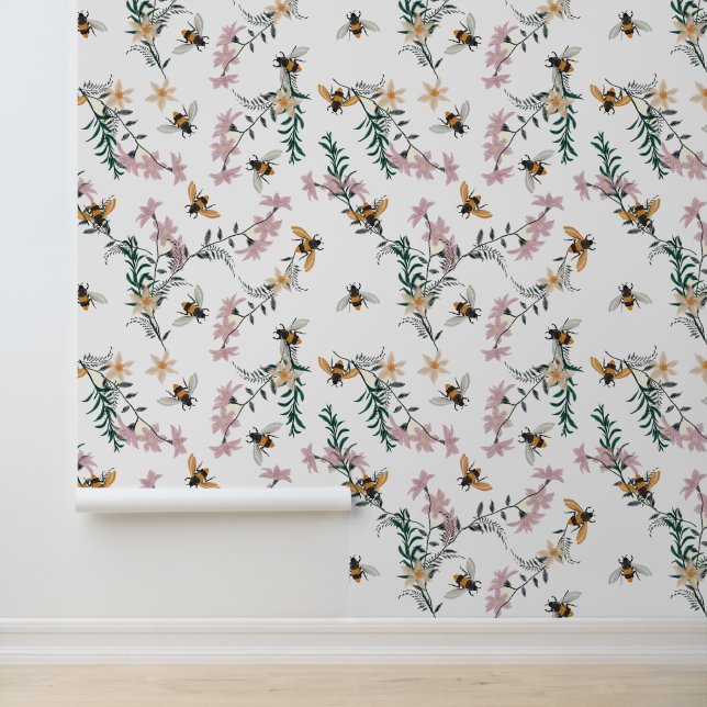 Waterverf Wildbloem Bloemen Bumble Bees Behang (Applicatie)