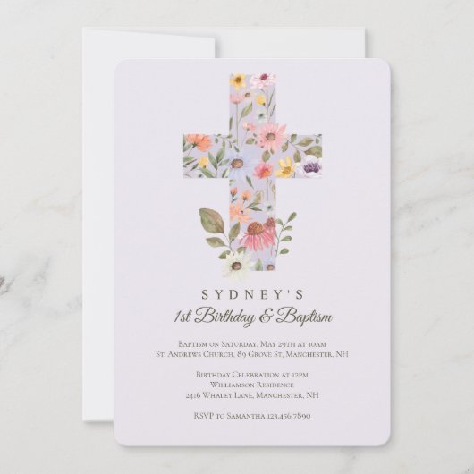 Waterverf Wildbloem Kruis 1 geboortedag Baptisme Kaart (Voorkant)