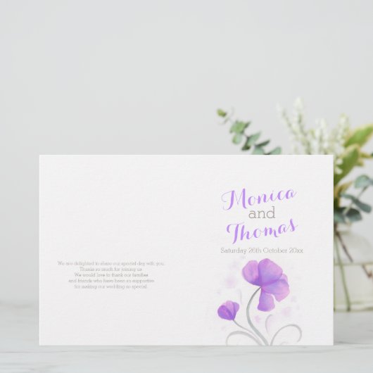 Waterverf wildbloem paars grijs trouwprogramma (Staand voorkant)