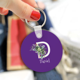 Waterverf wildbloem witte monogram paars sleutelhanger
