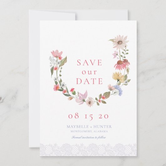 Waterverf Wildbloem Wreath & Lace Save the Date (Voorkant)