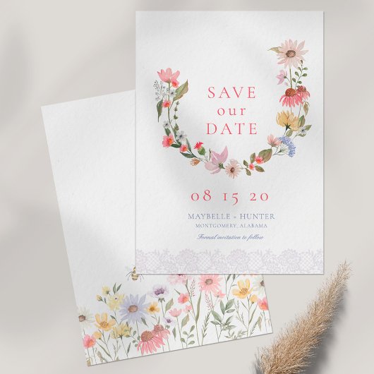 Waterverf Wildbloem Wreath & Lace Save the Date
