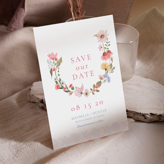 Waterverf Wildbloem Wreath & Lace Save the Date