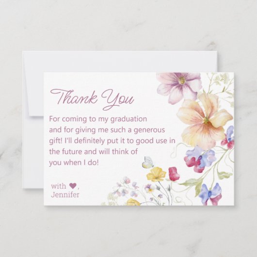 waterverf Wildbloemen afstuderen roze script Bedankkaart (Voorkant)
