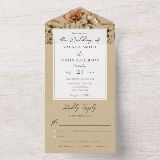Waterverf Wildbloemen Beige Wedding All In One Uitnodiging (Binnen)