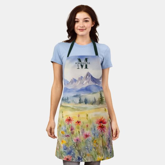 Waterverf Wildbloemen & Bergen Monogram Naam Schort (Gedragen)