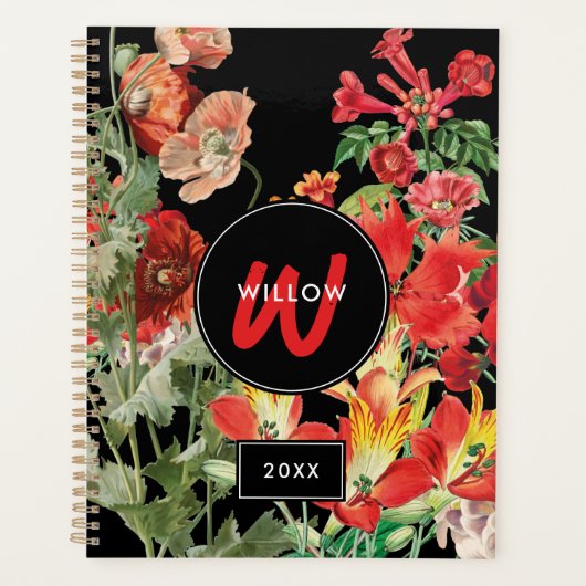 Waterverf Wildbloemen Black Red Monogram Planner (Voorkant)
