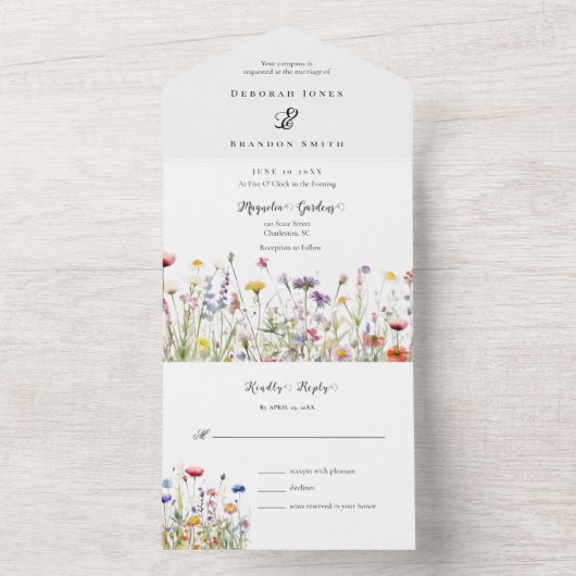 Waterverf Wildbloemen bloeien lente bruiloft All In One Uitnodiging (Binnen)