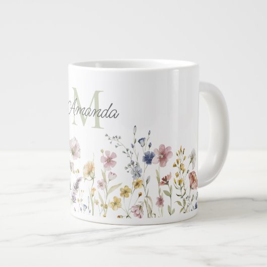 Waterverf Wildbloemen Boho Stylish met Monogram Grote Koffiekop (Voorkant rechts)