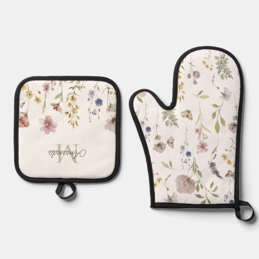 Waterverf Wildbloemen Boho Stylish met Monogram Ovenwant & Pannenlap Set (Voorkant)