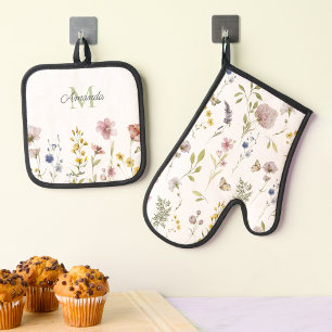 Waterverf Wildbloemen Boho Stylish met Monogram Ovenwant & Pannenlap Set