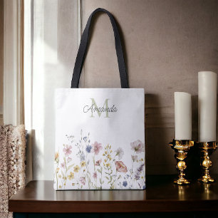 Waterverf Wildbloemen Boho Stylish met Monogram Tote Bag