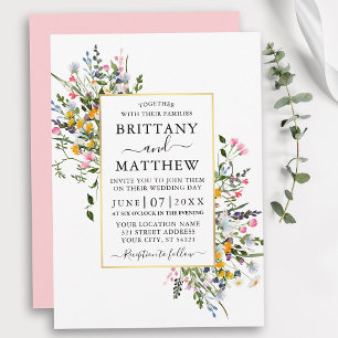 Waterverf Wildbloemen Bruiloft Goud Roze Blush Kaart