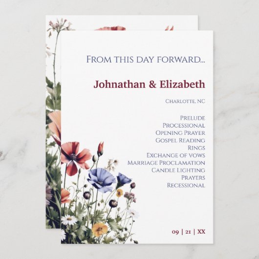 Waterverf Wildbloemen bruiloft Programmakaart (Voorkant / Achterkant)