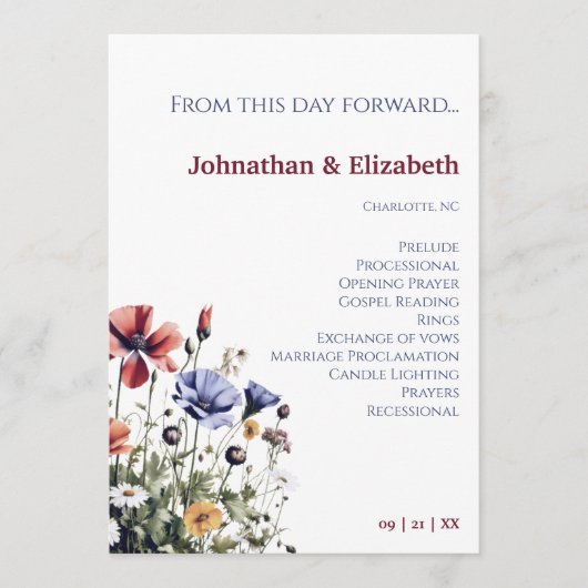 Waterverf Wildbloemen bruiloft Programmakaart (Voorkant)