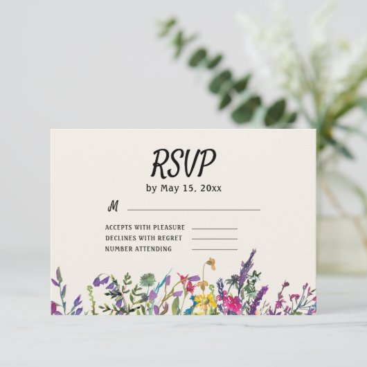 Waterverf Wildbloemen bruiloft RSVP Kaartje (Staand voorkant)