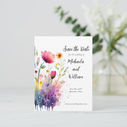 Waterverf Wildbloemen Bruiloft Save the Date (Staand voorkant)