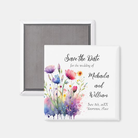 Waterverf Wildbloemen Bruiloft Save the Date Magneet (Voorkant / Achterkant)