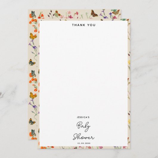 Waterverf Wildbloemen Butterflies Baby shower Bedankkaart (Voorkant / Achterkant)