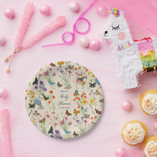 Waterverf Wildbloemen Butterflies Baby shower Papieren Bordje (Feest)