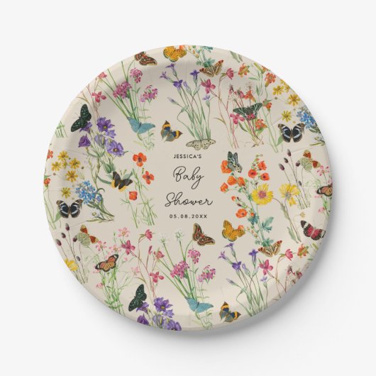 Waterverf Wildbloemen Butterflies Baby shower Papieren Bordje (Voorkant)