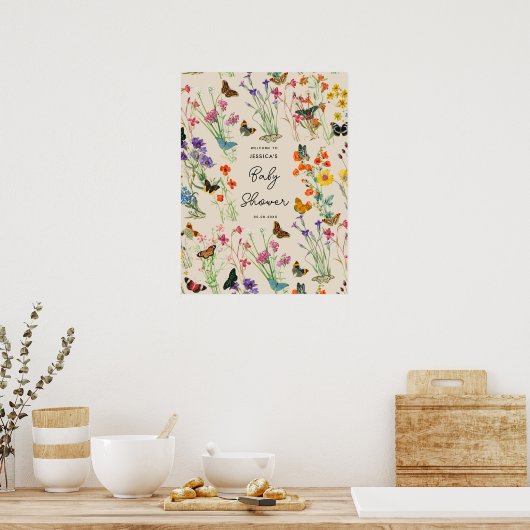 Waterverf Wildbloemen Butterflies Baby shower Poster (Keuken)