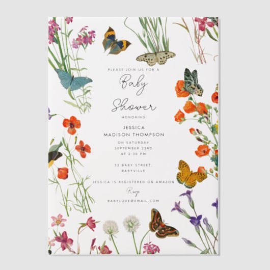 Waterverf Wildbloemen Butterflies Baby shower Vellum Uitnodigingen (Voorkant)