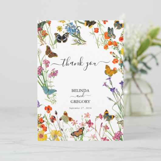 Waterverf Wildbloemen Butterflies Floral Wedding Bedankkaart (Staand voorkant)