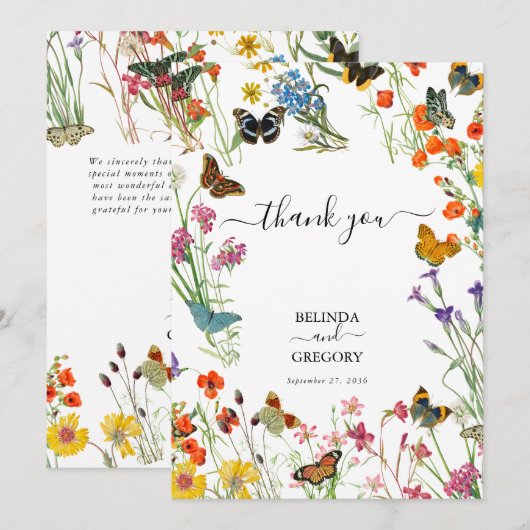 Waterverf Wildbloemen Butterflies Floral Wedding Bedankkaart (Voorkant / Achterkant)