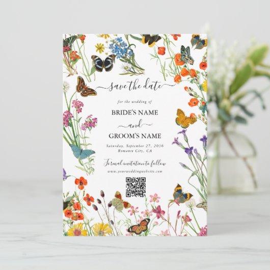 Waterverf Wildbloemen Butterflies Floral Wedding Save The Date (Staand voorkant)