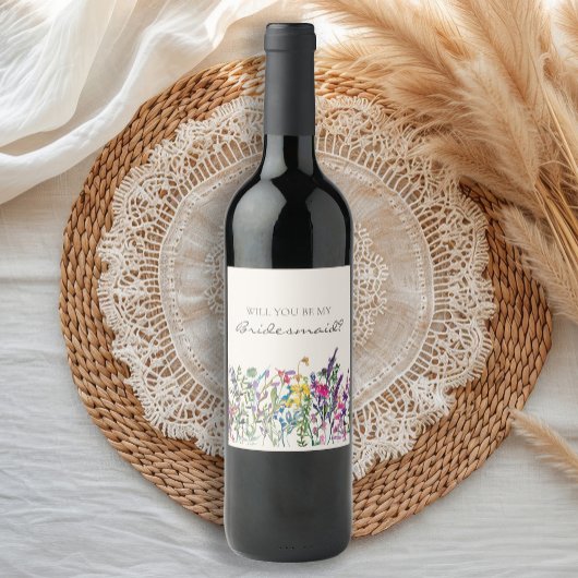 Waterverf Wildbloemen Cream Bridesmaid Voorstel Wijn Etiket