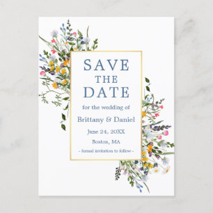 Waterverf Wildbloemen Dusty Blue Save the Date Briefkaart