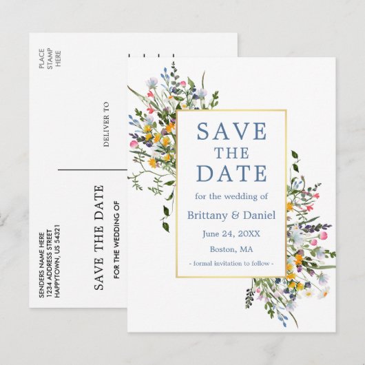 Waterverf Wildbloemen Dusty Blue Save the Date Briefkaart (Voorkant / Achterkant)