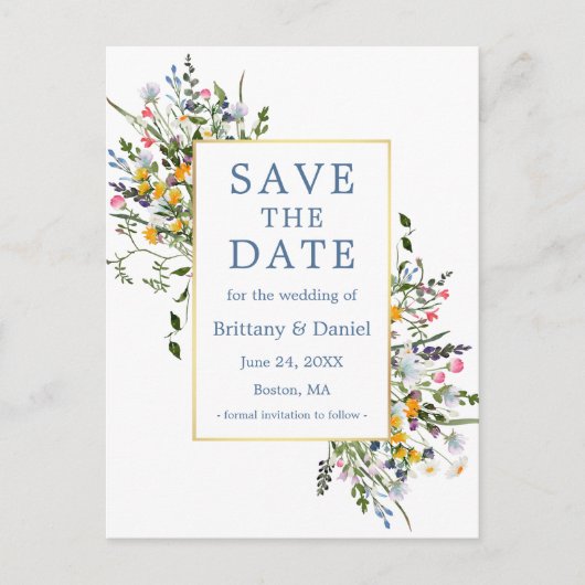 Waterverf Wildbloemen Dusty Blue Save the Date Briefkaart (Voorkant)