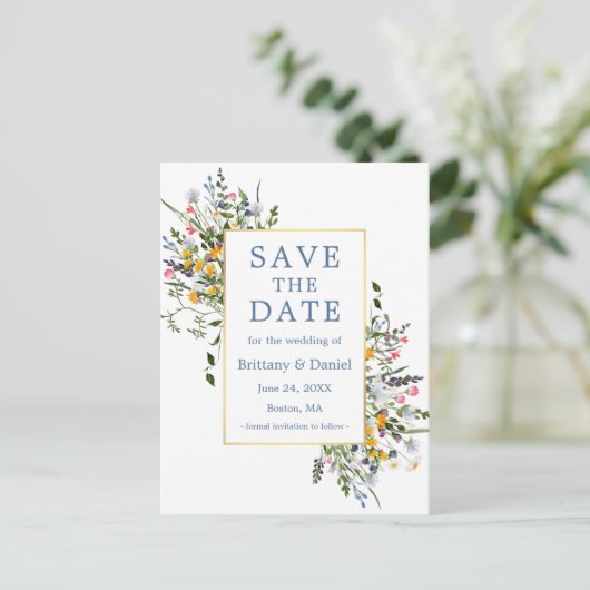 Waterverf Wildbloemen Dusty Blue Save the Date Briefkaart (Staand voorkant)