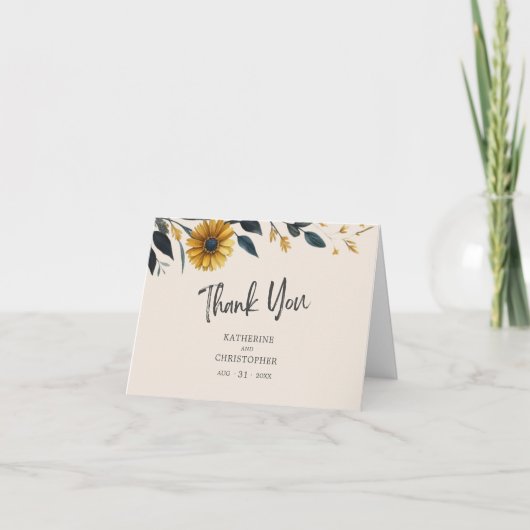 Waterverf Wildbloemen Elegant Beige Bruiloft Foto Bedankkaart (Voorkant)