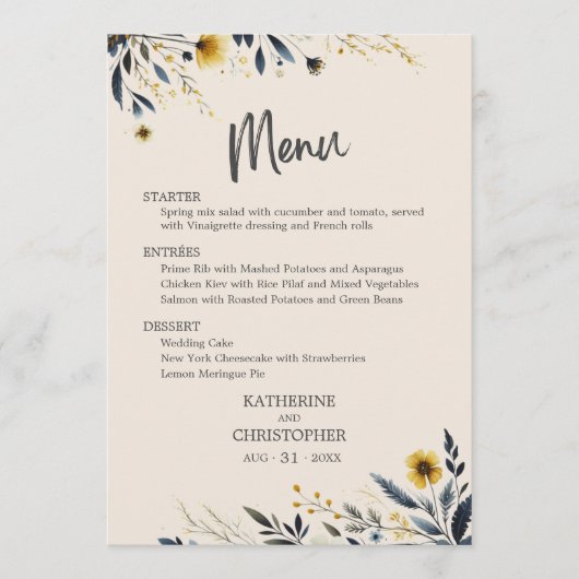 Waterverf Wildbloemen Elegant Beige Bruiloft Menu (Voorkant)